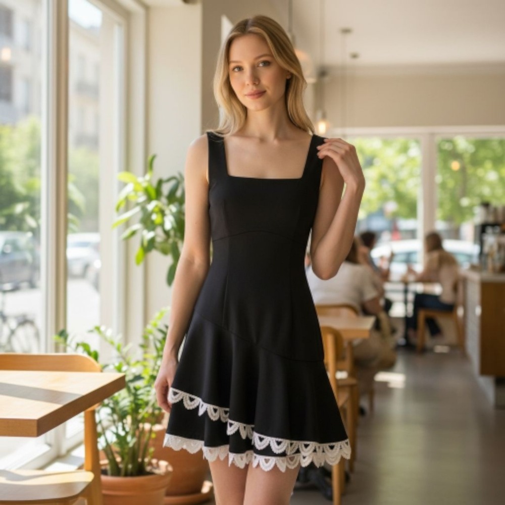 ELLIATT Black Square Neck Lace Trim‎ Fit Flare Mini Dress Size S
